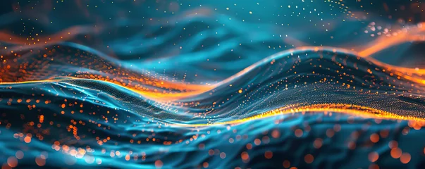 Foto op Canvas Abstract dark background with orange and blue waves of digital data flowing in the style of light black and navy blue, futuristic network technology concept © Sergio