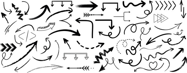 Hand drawn black arrow doodles vector elements isolated on white. Perfect for web, digital art, designs, direction indicators, swirls, hooks