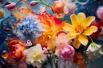 A colorful bouquet of flowers is floating in a vase of water - obrazy, fototapety, plakaty