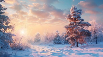 Snowy trees in a field at sunset