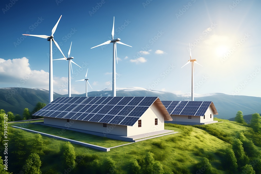 Wall mural wind turbines in the field. alternative energy source. 3d rendering