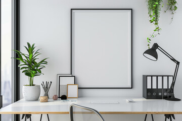 Clean, minimalist office room with pops of color and a blank white frame, encouraging productivity.
