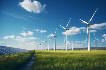 Wind turbines in the field. Alternative energy source. 3d rendering