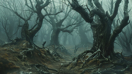 Evil crooked trees deep in fantasy forest 
