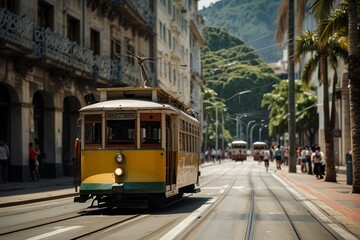 "Electric tram glides through the city streets, its sleek silhouette humming with energy, passengers peering out from windows, connecting neighborhoods with the pulse of urban life."






