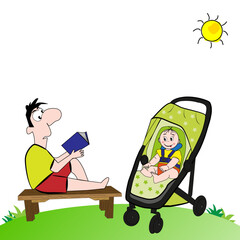 Paisaje con padre leyendo un libro y bebé en cochecito. - 791457160