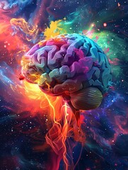 Colorful wallpaper featuring concept art of a human brain bursting with creativity and knowledge, showcasing an explosion of ideas