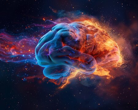 Concept art wallpaper depicting a human brain exploding with knowledge and creativity, illustrated in colorful colors to symbolize dynamic thinking