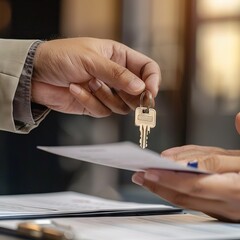 A home rental company employee is handing the house keys to a customer who has agreed to sign a rental contract, explaining the details and terms of the rental. 