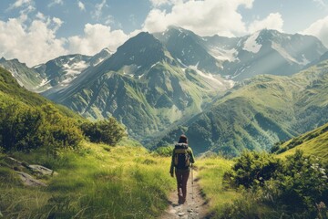 Fototapeta na wymiar Hike Mountain Adventure - Hiker Trekking on Summer Way to Mountains