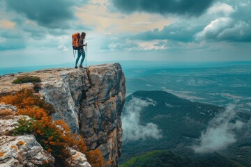 Hiker Mountain. Woman Enjoying Adventure on Top of Amazing Cliff - obrazy, fototapety, plakaty