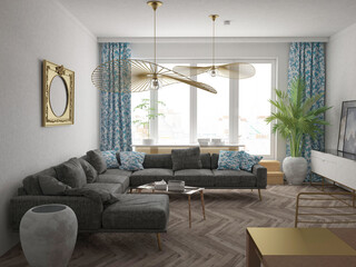 Przytulny elegancki pokój salon z ozdobnymi lampami zwisającymi wygodną dużą sofą 