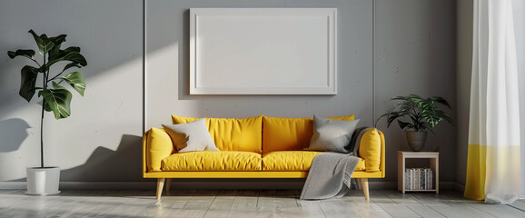 A burst of energy enlivens the space with a sunny yellow sofa against neutral gray walls, while a blank white frame on the wall awaits artistic expression.