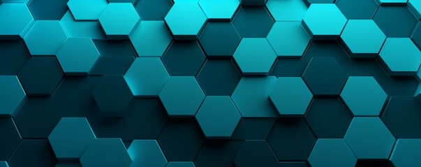 Cyan background with hexagon pattern, 3D rendering illustration. Abstract cyan wallpaper design for banner, poster or cover with copy space for photo text or product, blank empty copyspace. 