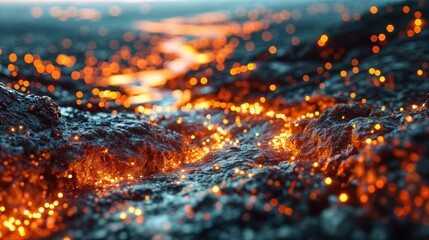 Close-up of the surface of the ground with a lot of sparks.