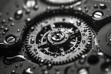 Intricate Black and White Macro Shot of Watch Mechanism with Water Droplets