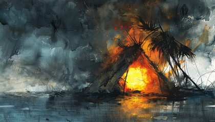 A hut on fire on a lake