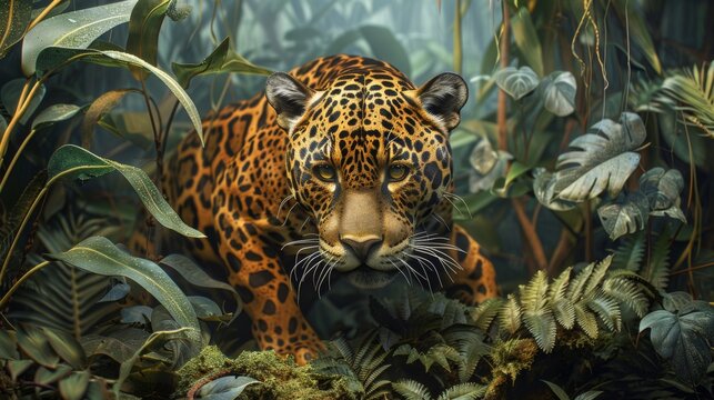 A jaguar in the jungle, painted in a realistic style.