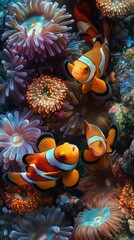 Bright orange clownfish swimming amongst colorful sea anemones in a lively underwater marine scene - obrazy, fototapety, plakaty