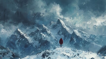 A lone adventurer stands atop a snow-capped mountain, gazing out at a vast and beautiful landscape. - obrazy, fototapety, plakaty