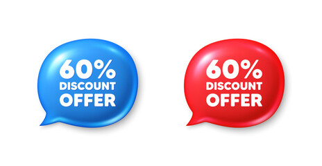 60 percent discount tag. Chat speech bubble 3d icons. Sale offer price sign. Special offer symbol. Discount chat offer. Speech bubble banners set. Text box balloon. Vector
