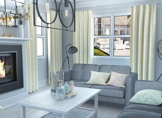 jasne eleganckie wnętrze salonu z żółtymi zasłonami i szarą sofą