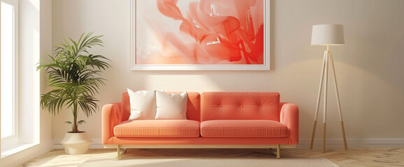 A burst of color energizes the room with a vibrant coral sofa against neutral beige walls, while an empty white frame offers a canvas for imaginative decor.