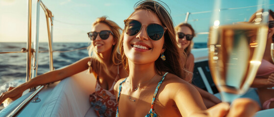 Smiling girls with champagne glasses on boat or yacht. summer holidays, vacation, travel, sea,...