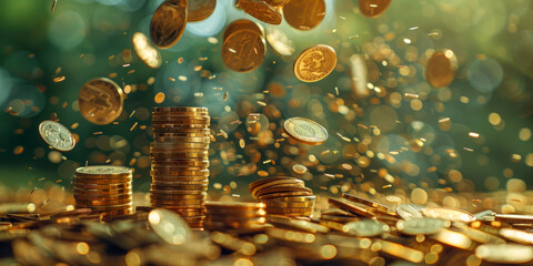 Golden Coins Falling on Stacked Money Piles with Bokeh Background