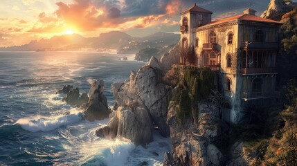 A cliffside villa perched precariously above the crashing waves, its weathered stone walls bearing witness to centuries of maritime tales. As the sun sets on the horizon,  - obrazy, fototapety, plakaty