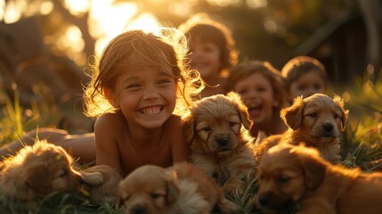 child and their dog, dogs playing in the grass, a family playing with their pet puppies in a sunlit...