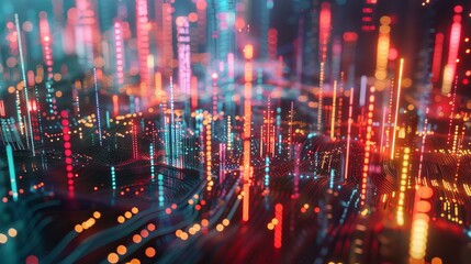 Obraz premium Futuristic cityscape with digital network overlay. A stunning visual representation of a smart city, with digital connections and a network overlay implying a connected, data-driven metropolis