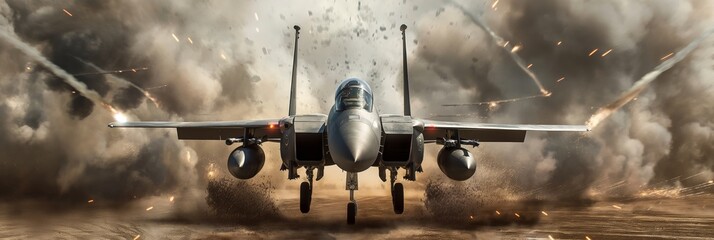 A fighter jet is depicted in mid-flight amidst an intense and dramatic battlefield scene, complete with explosions and debris