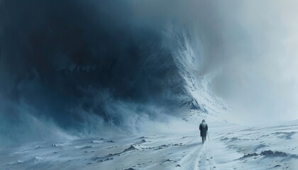 A lone wanderer trudges through a frozen wasteland. - obrazy, fototapety, plakaty