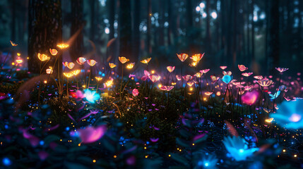 Fototapeta na wymiar Fairy forest at night fantasy glowing flowers and ligh