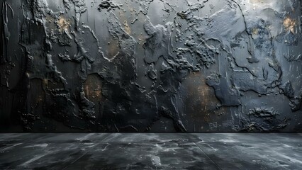 Distressed Black Wall Texture with Dark Concrete Floor: A Vintage Aesthetic. Concept Texture, Vintage, Aesthetic, Black Wall, Concrete Floor