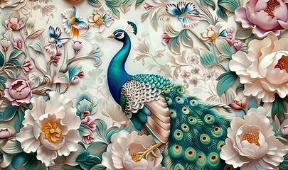 3D flowers and peacocks illustration background, 3d abstraction wallpaper for interior mural wall art decor, Generative AI