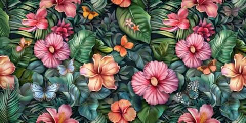 Floral seamless pattern with tropical flowers bouquets, plumeria, protea, hibiscus, glasswinged butterflies, fresh foliage, exotic leaves. Hand-drawn vintage 3D illustration. luxury, Generative AI