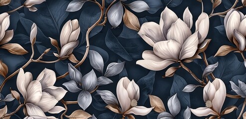 Premium wallpaper, mural art. Floral seamless pattern, magnolia flowers, tropical design in dark blue colors. Watercolor 3d illustration. Baroque style, digital paper. Modern background, Generative AI