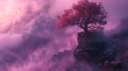 Fairy tale landscape in fantasy style with pink mist 