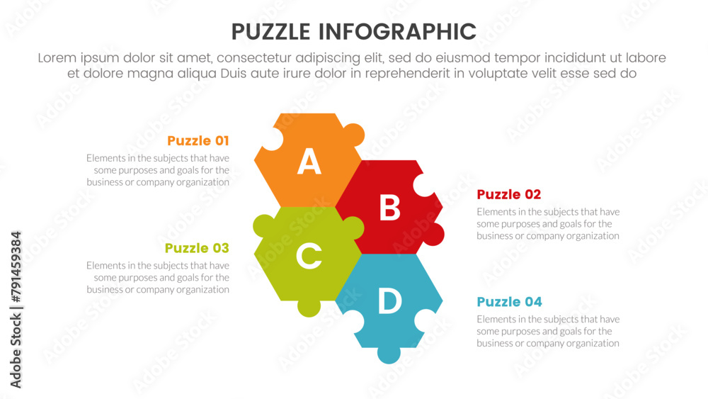 Wall mural puzzle jigsaw infographic 4 point stage template with unbalance puzzle center up and down with descr