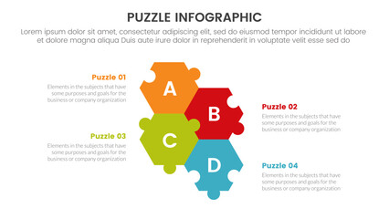 puzzle jigsaw infographic 4 point stage template with unbalance puzzle center up and down with description for slide presentation