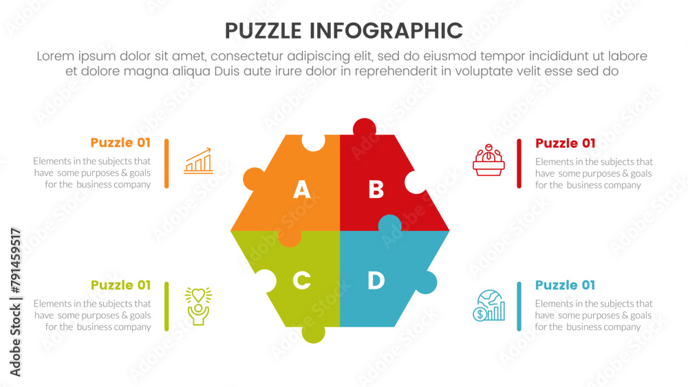 Poster puzzle jigsaw infographic 4 point stage template with hexagonal base on center with description for 