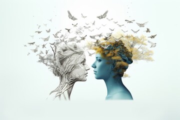 Abstract illustration of two woman are back to back and the tree is growing in the middle of them with many birds flying, symbolizing freedom, isolated on white background. Generative AI.