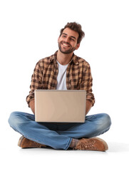 A man is sitting cross-legged on floor with a laptop on his lap , on transparency background PNG