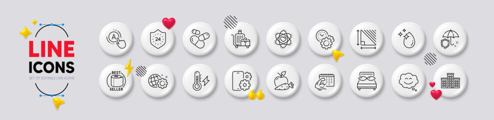 Water drop, Time management and Seo gear line icons. White buttons 3d icons. Pack of Fitness calendar, Triangle area, Capsule pill icon. Smile chat, Toilet paper, Apple carrot pictogram. Vector - obrazy, fototapety, plakaty