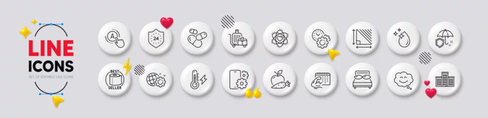  Water drop, Time management and Seo gear line icons. White buttons 3d icons. Pack of Fitness calendar, Triangle area, Capsule pill icon. Smile chat, Toilet paper, Apple carrot pictogram. Vector © blankstock