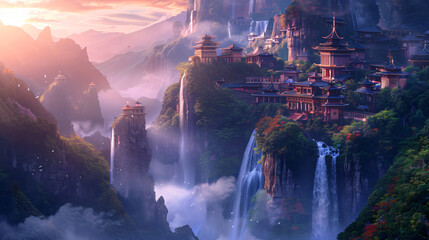 Fairytale fantasy city with waterfalls in the mountain