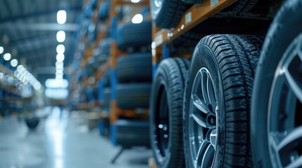 Fototapeta premium Car tires in warehouse. Automotive industry and transportation concept. Blurred background