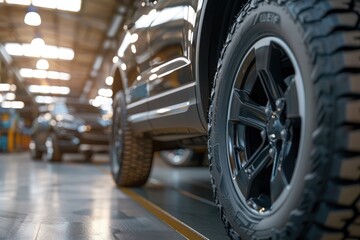 Car tires in warehouse. Automotive industry and transportation concept. Blurred background